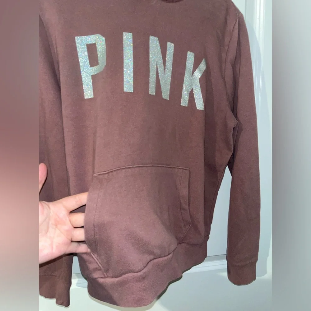 Victorias Secret Pink Medium Rose Pink Hoodie Sweatshirt Glitter Font Sherpa Top - Picture 9 of 16